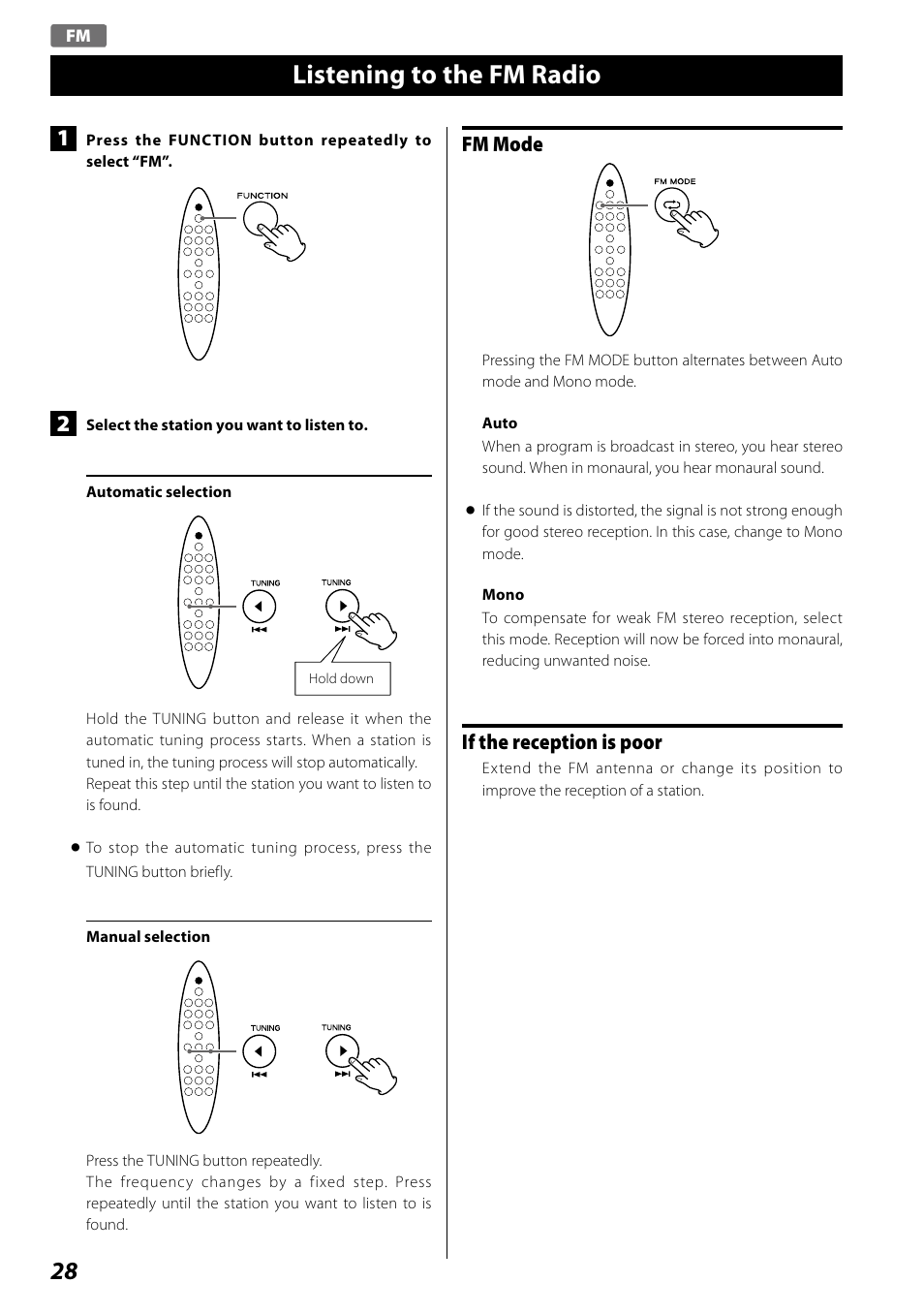 Listening to the fm radio, Fm mode, If the reception is poor | Teac SR-100I User Manual | Page 28 / 96