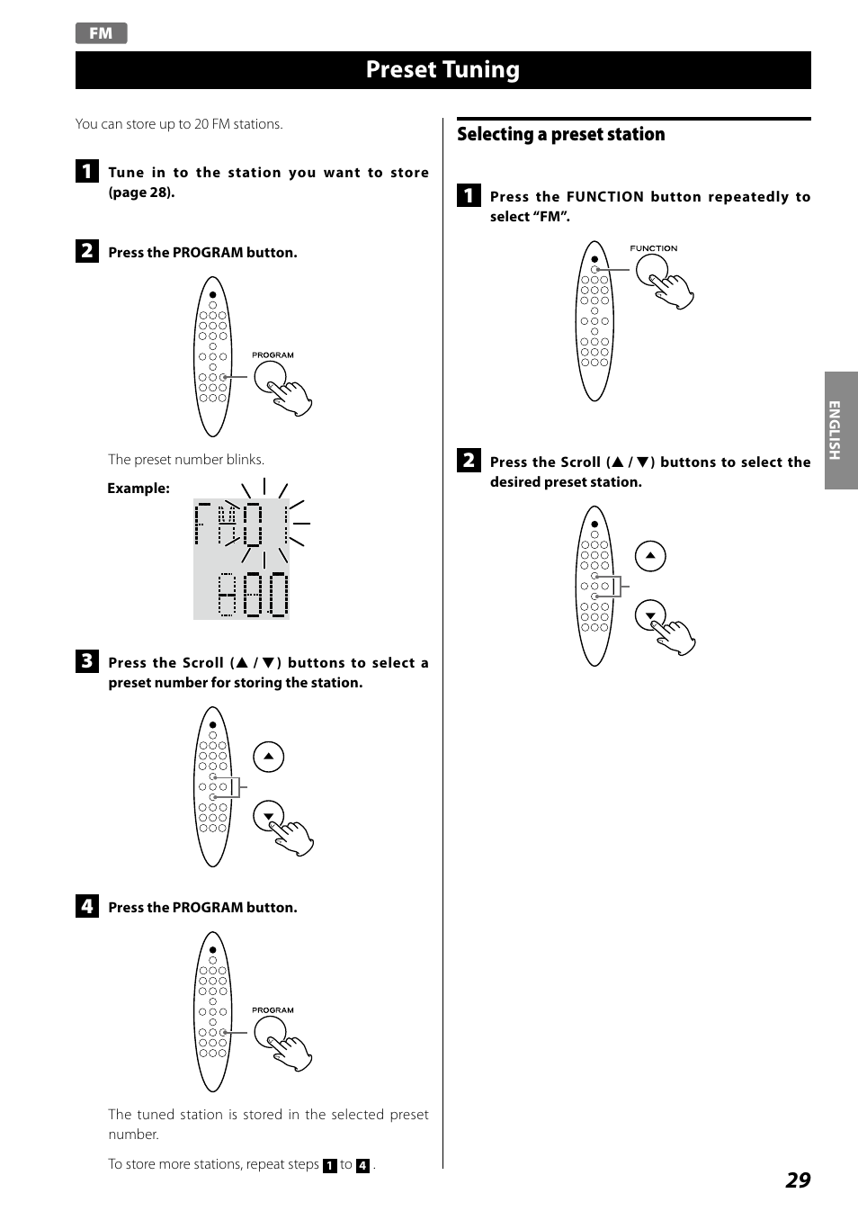 Preset tuning, Selecting a preset station | Teac SR-100I User Manual | Page 29 / 96