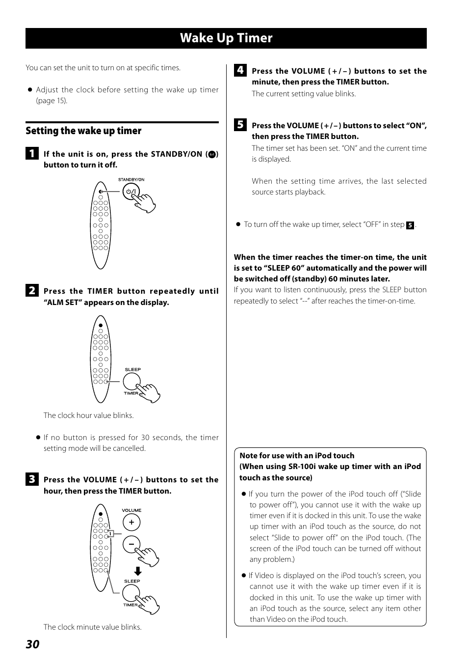 Wake up timer, Setting the wake up timer | Teac SR-100I User Manual | Page 30 / 96