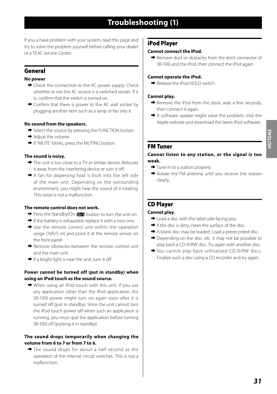 Troubleshooting, Troubleshooting (1), General | Ipod player, Fm tuner, Cd player | Teac SR-100I User Manual | Page 31 / 96