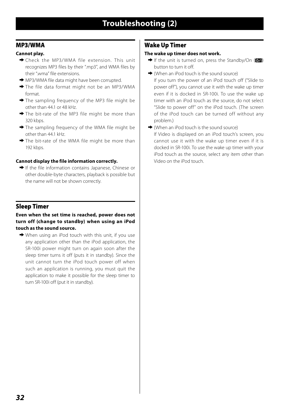 Troubleshooting (2), Mp3/wma, Sleep timer | Wake up timer | Teac SR-100I User Manual | Page 32 / 96