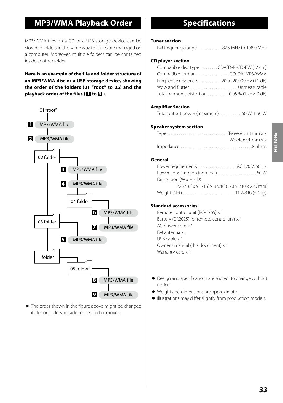 Mp3/wma playback order, Specifications | Teac SR-100I User Manual | Page 33 / 96