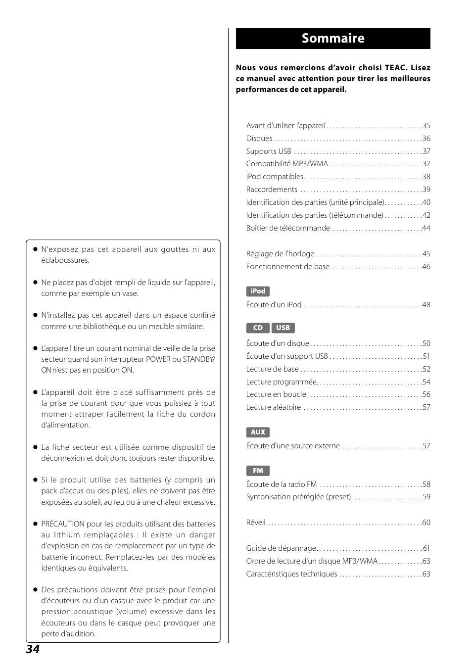 Mode d'emploi, Sommaire | Teac SR-100I User Manual | Page 34 / 96