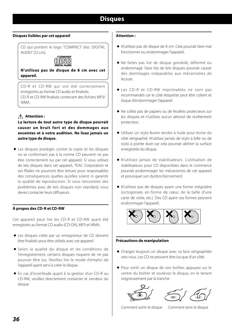 Disques | Teac SR-100I User Manual | Page 36 / 96