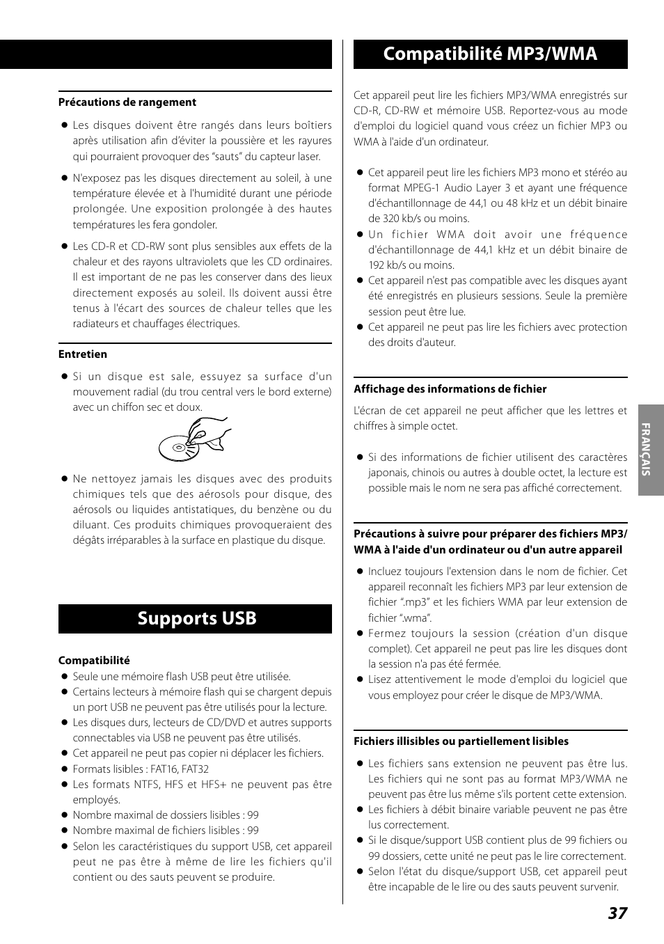 Supports usb, Compatibilité mp3/wma | Teac SR-100I User Manual | Page 37 / 96