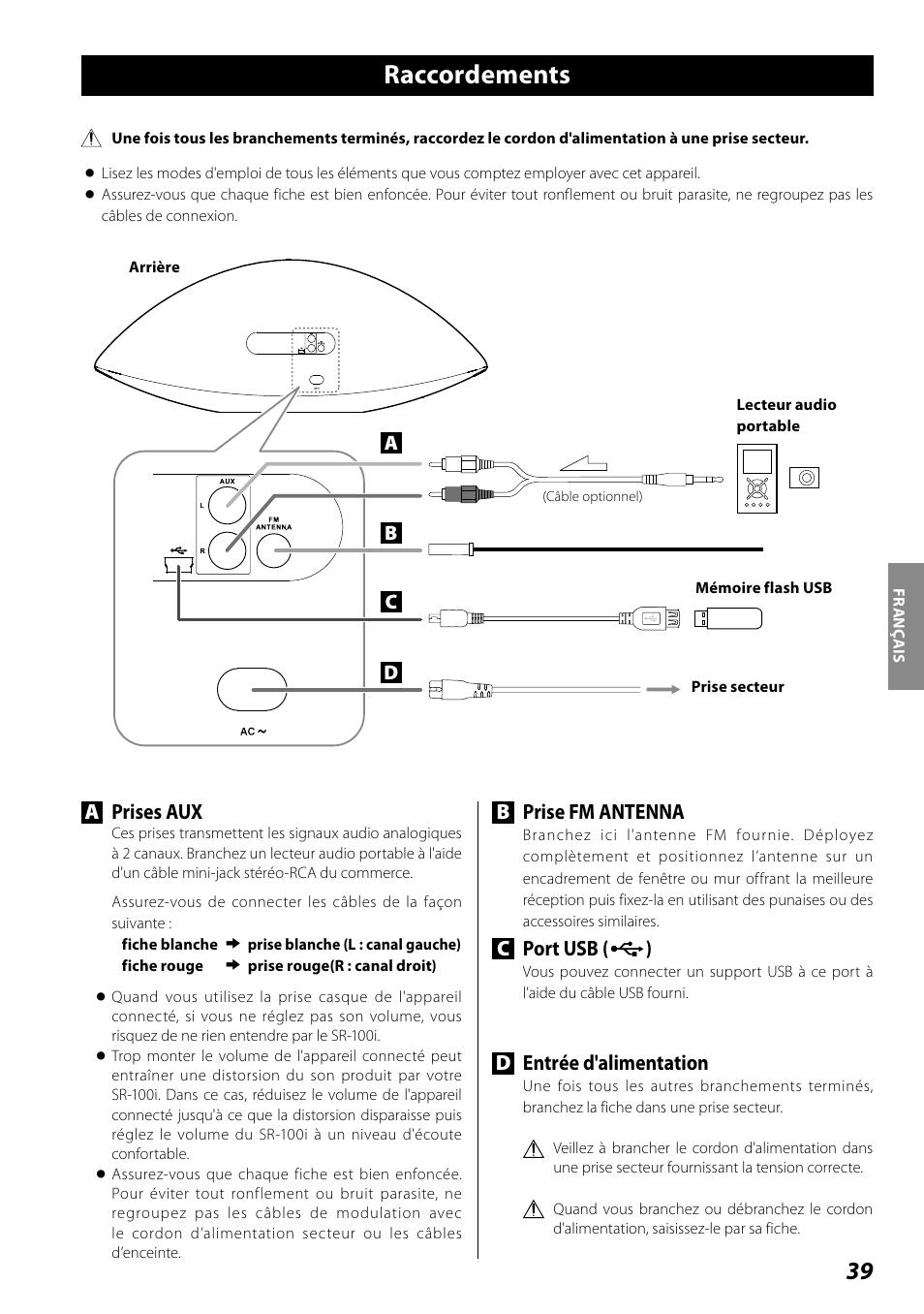 Raccordements, Prises aux, Bprise fm antenna | Cport usb ( ), Dentrée d'alimentation | Teac SR-100I User Manual | Page 39 / 96