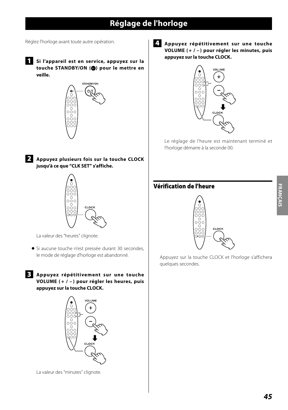 Réglage de l'horloge, Vérification de l'heure | Teac SR-100I User Manual | Page 45 / 96