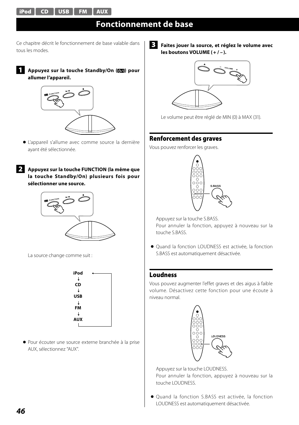 Fonctionnement de base, Renforcement des graves, Loudness | Teac SR-100I User Manual | Page 46 / 96