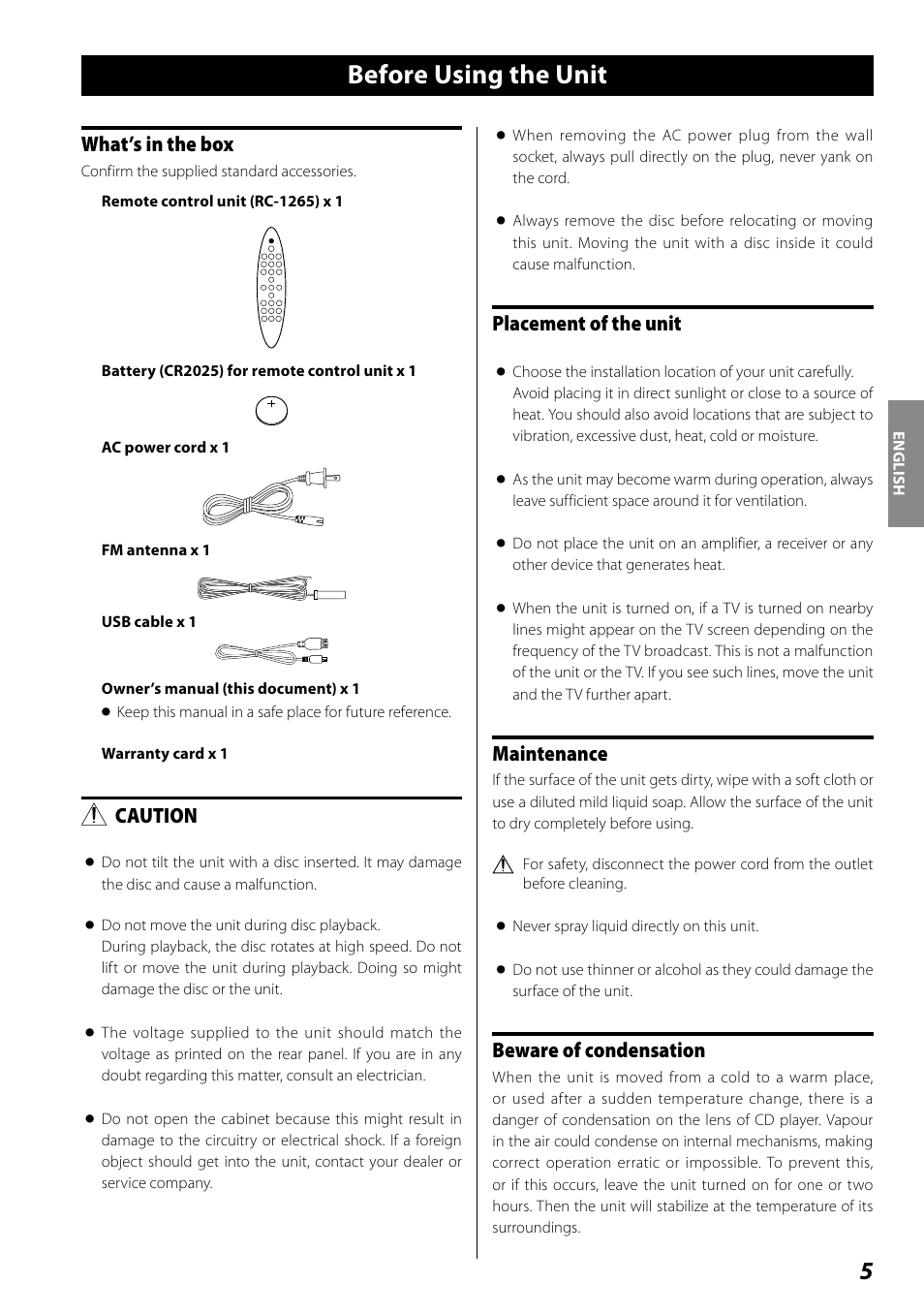 Before using the unit, What’s in the box, Caution | Placement of the unit, Maintenance, Beware of condensation | Teac SR-100I User Manual | Page 5 / 96