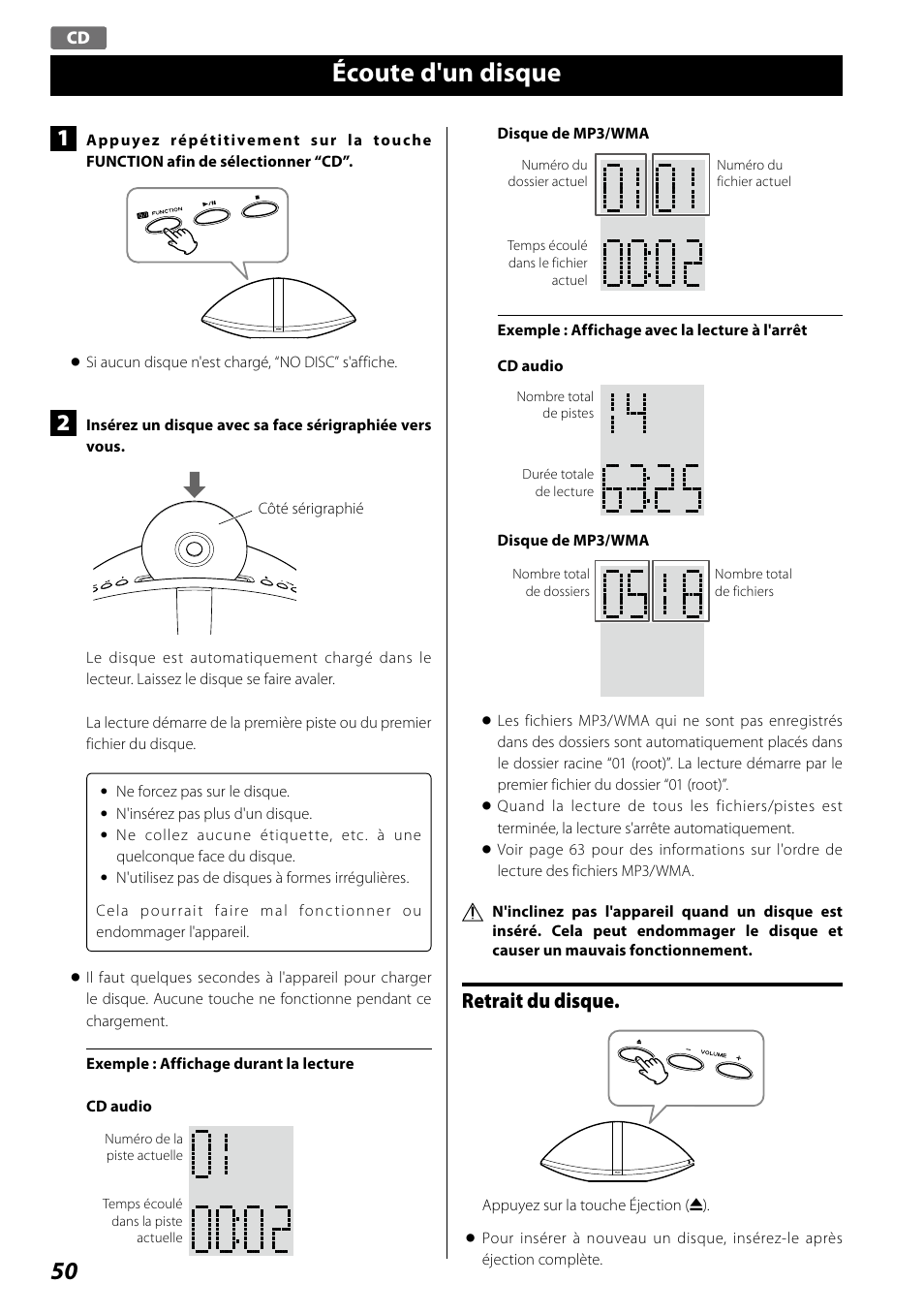 Écoute d'un disque, Retrait du disque | Teac SR-100I User Manual | Page 50 / 96