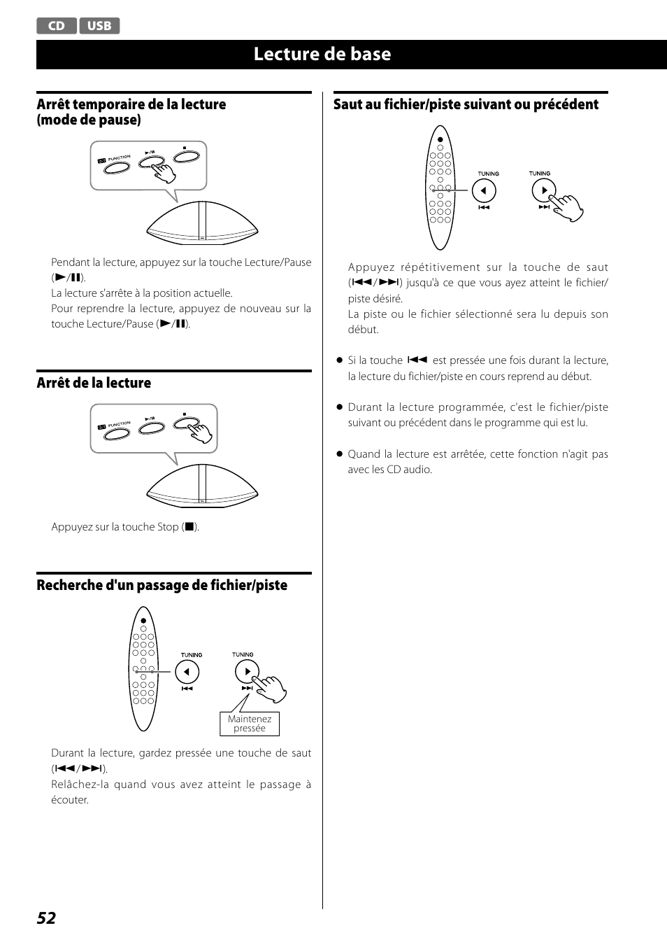 Lecture de base, Arrêt temporaire de la lecture (mode de pause), Arrêt de la lecture | Recherche d'un passage de fichier/piste, Saut au fichier/piste suivant ou précédent | Teac SR-100I User Manual | Page 52 / 96