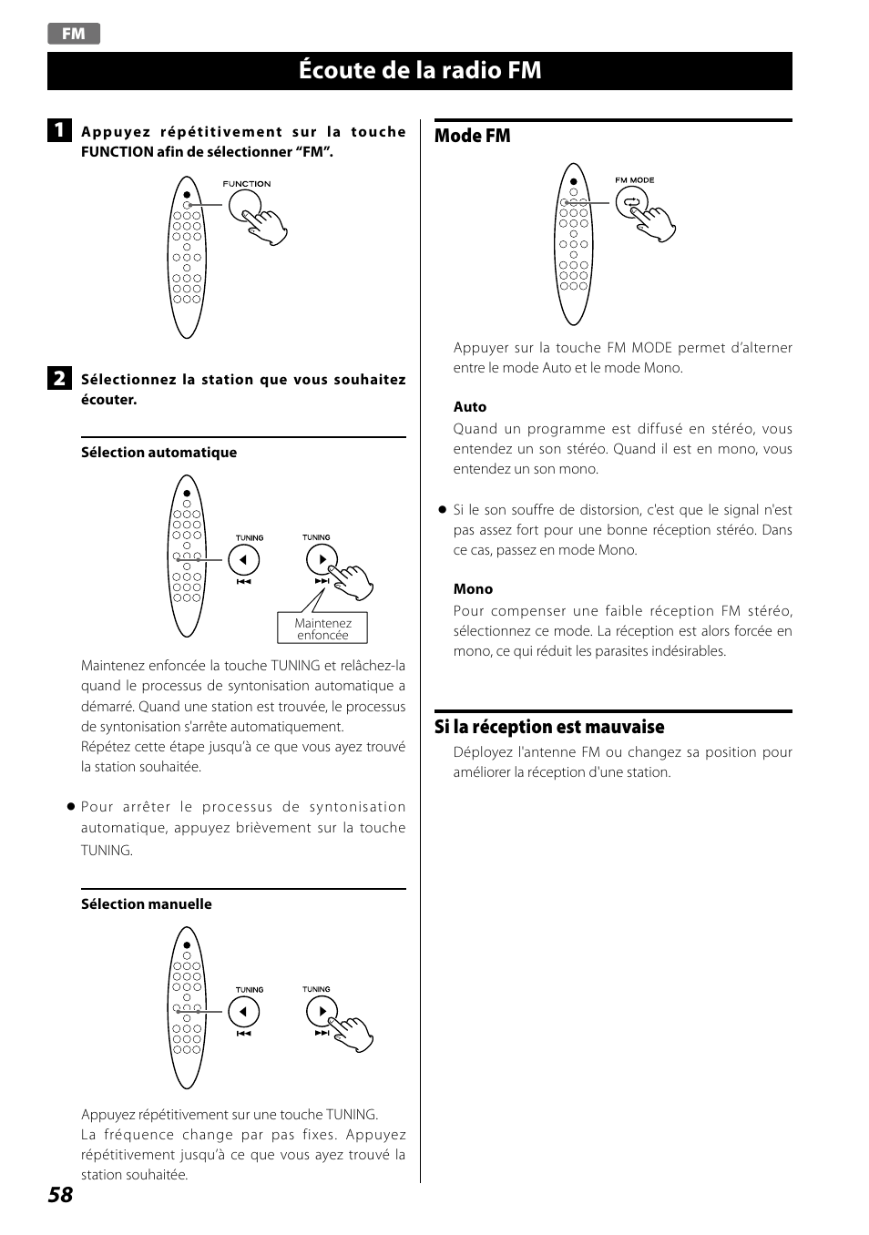 Écoute de la radio fm, Mode fm, Si la réception est mauvaise | Teac SR-100I User Manual | Page 58 / 96