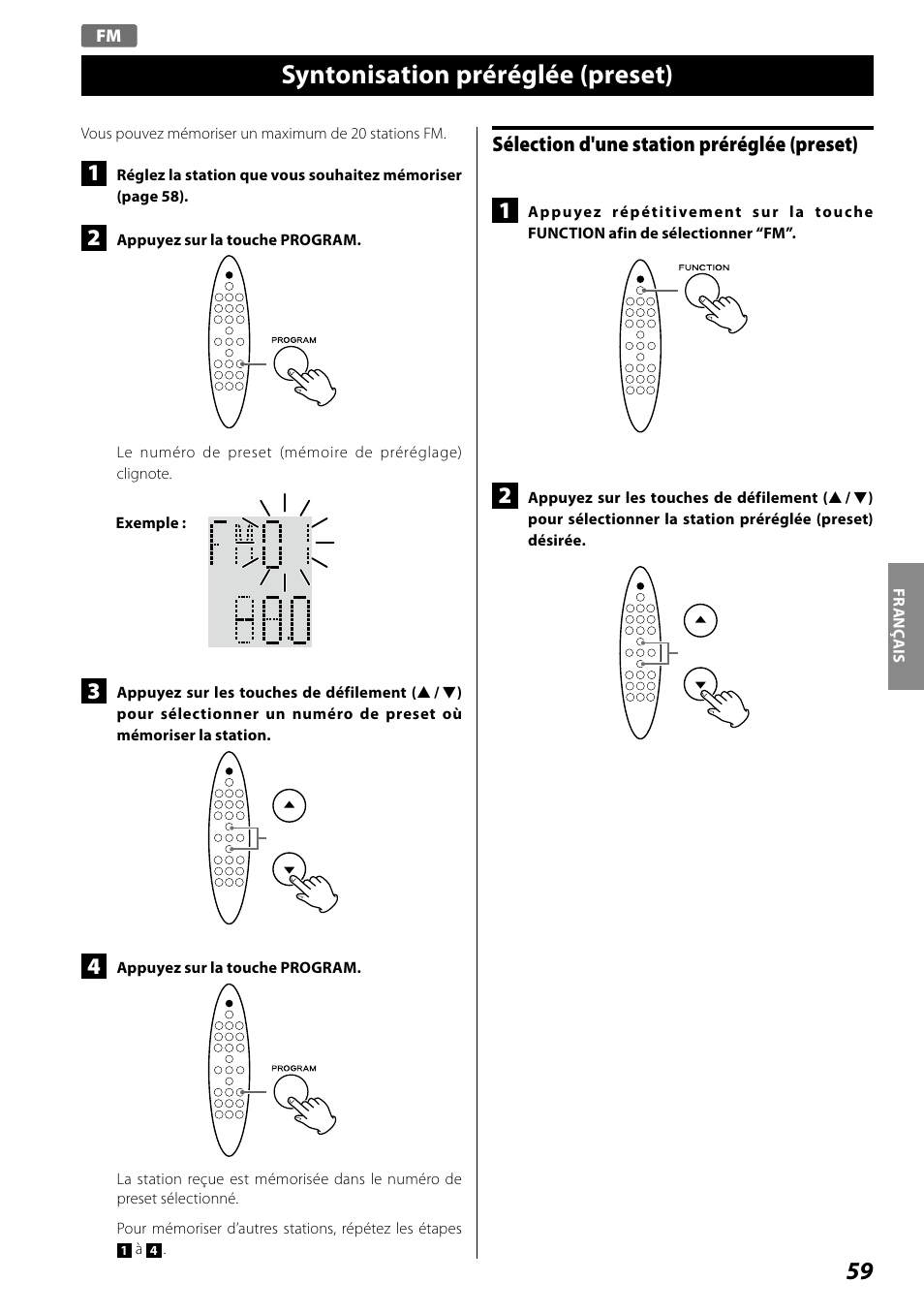 Syntonisation préréglée (preset), Sélection d'une station préréglée (preset) | Teac SR-100I User Manual | Page 59 / 96