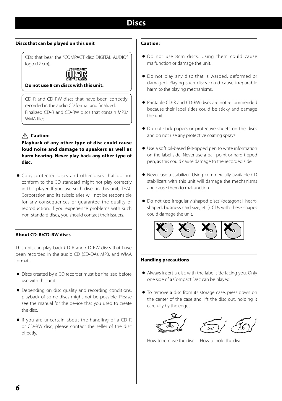 Discs | Teac SR-100I User Manual | Page 6 / 96