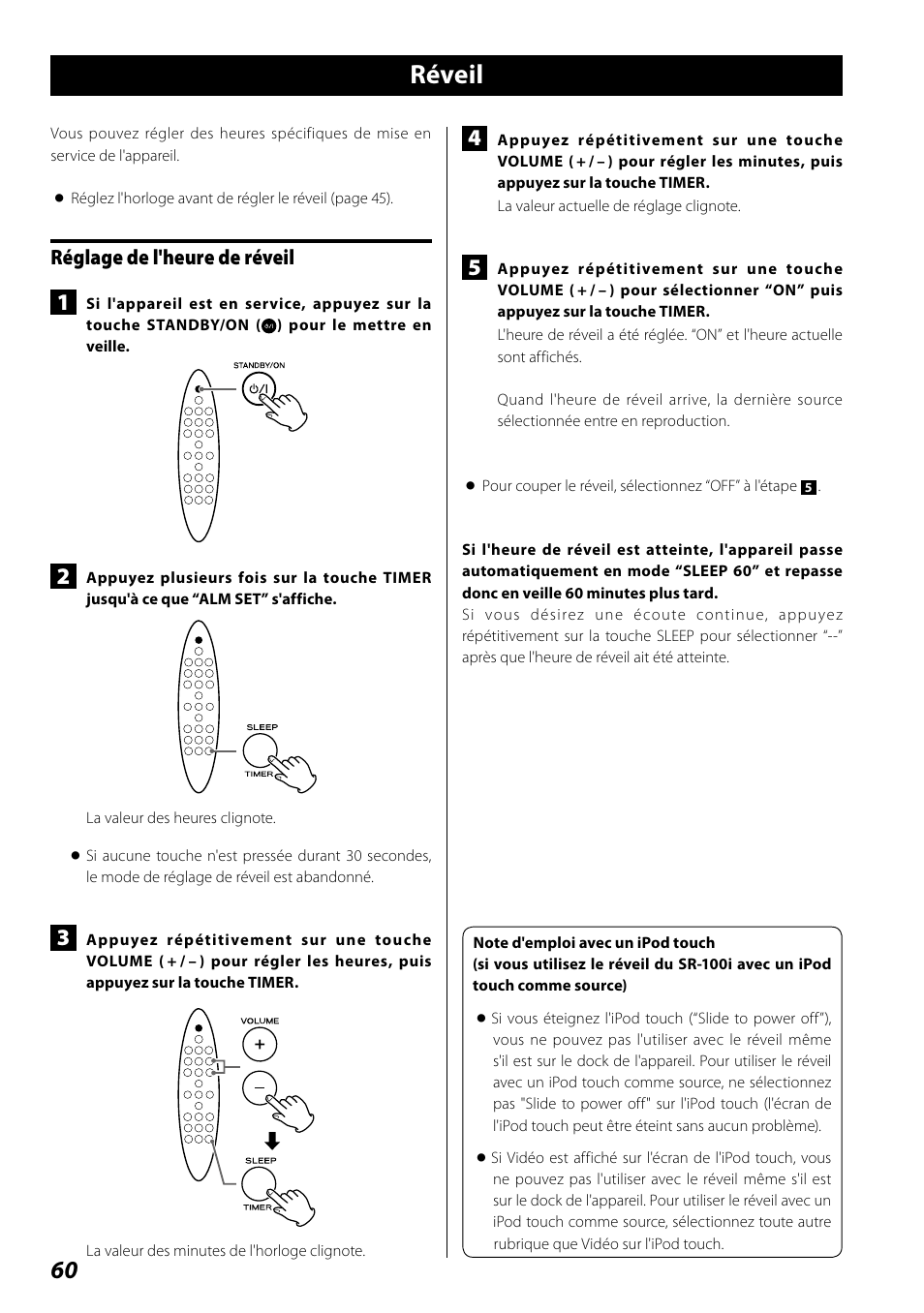 Réveil, Réglage de l'heure de réveil | Teac SR-100I User Manual | Page 60 / 96