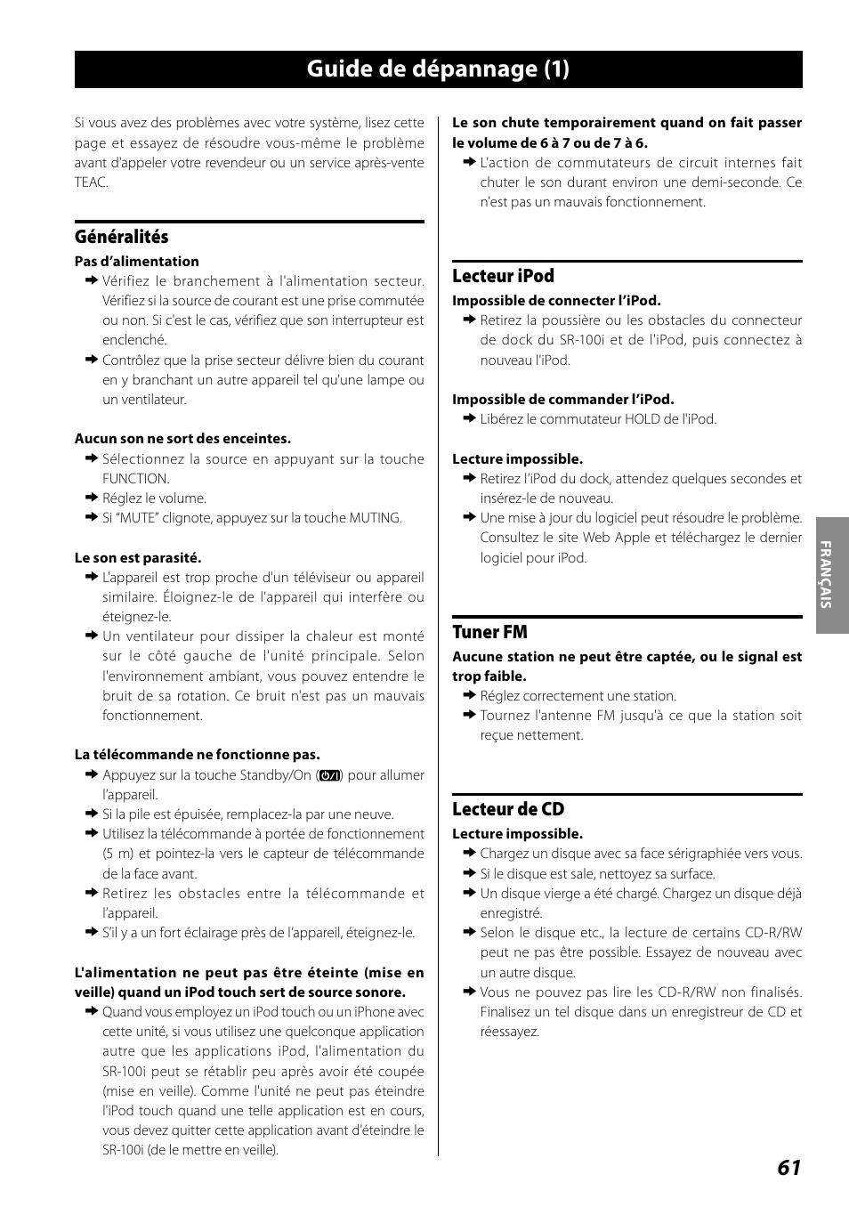 Guide de dépannage, Guide de dépannage (1), Généralités | Lecteur ipod, Tuner fm, Lecteur de cd | Teac SR-100I User Manual | Page 61 / 96