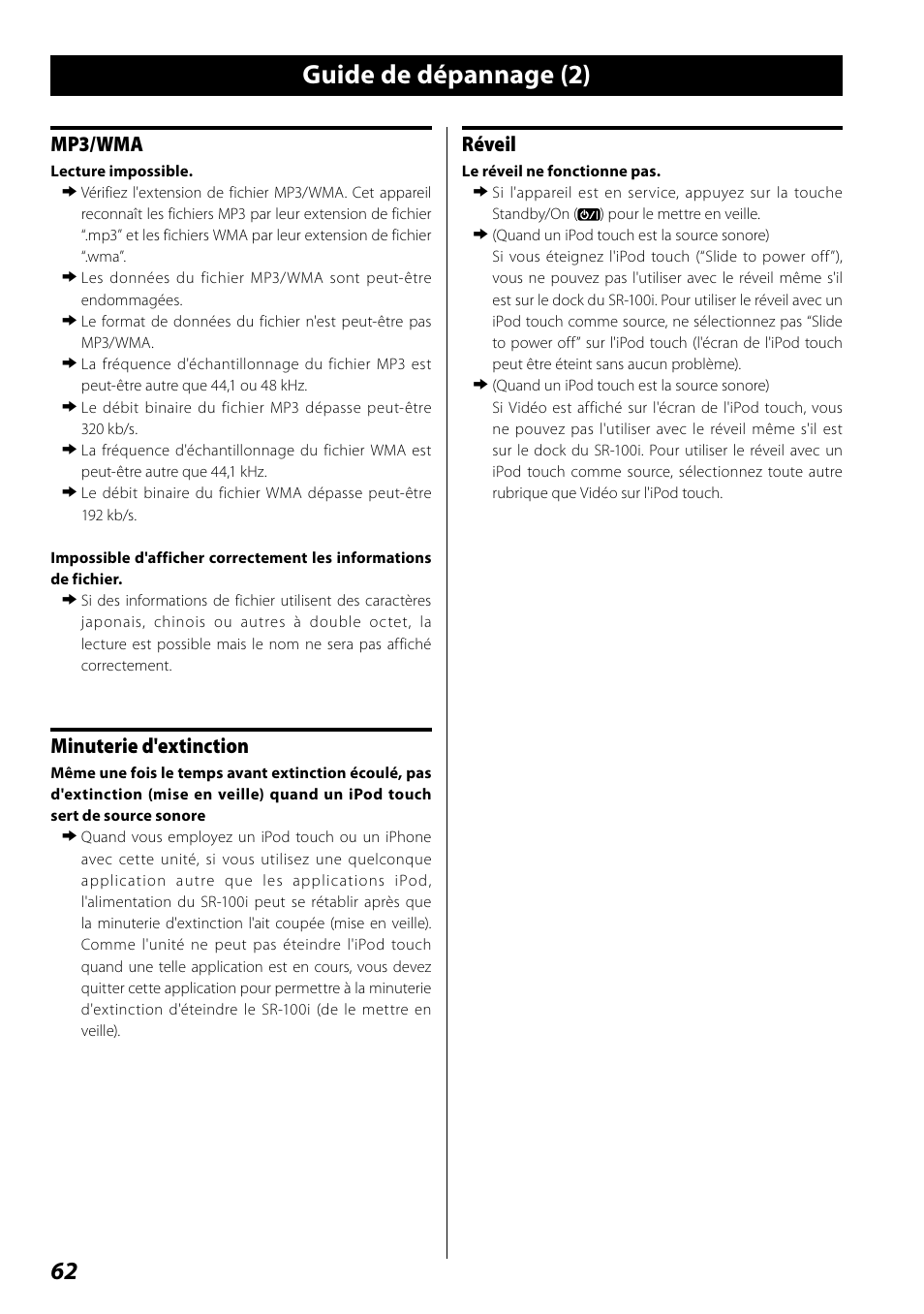 Guide de dépannage (2), Mp3/wma, Minuterie d'extinction | Réveil | Teac SR-100I User Manual | Page 62 / 96