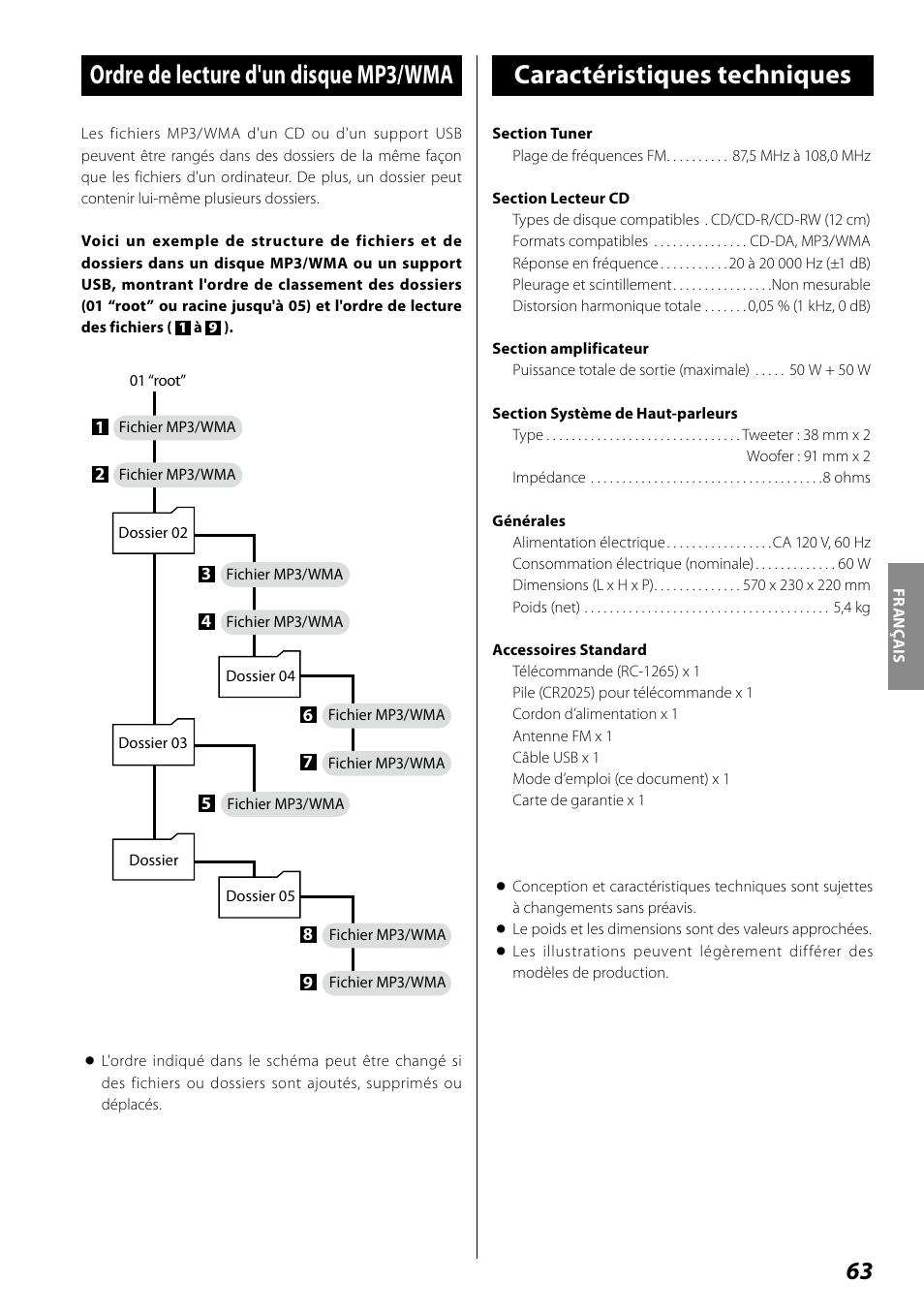 Ordre de lecture d'un disque mp3/wma, Caractéristiques techniques | Teac SR-100I User Manual | Page 63 / 96