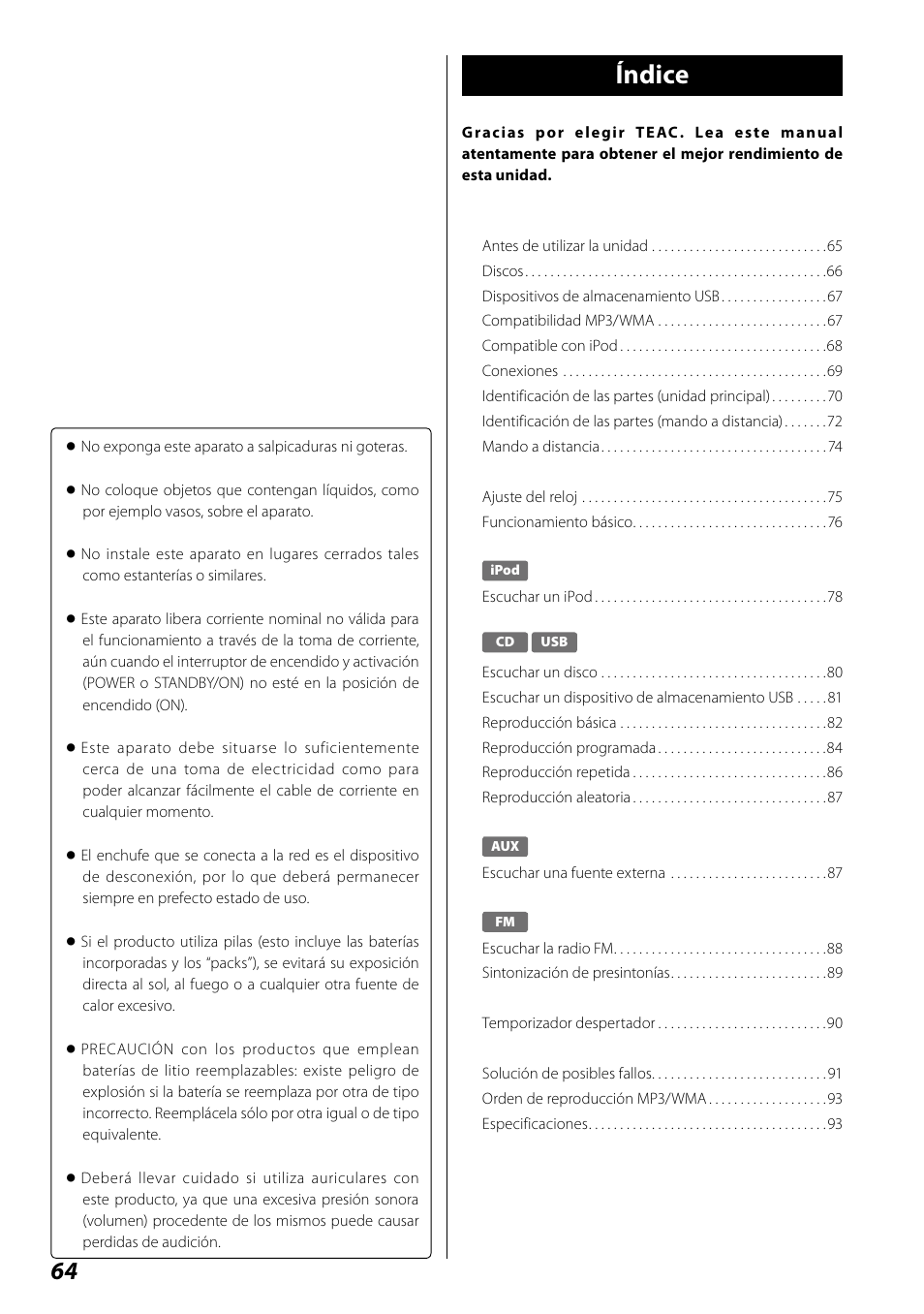 Manual del usuario, Índice | Teac SR-100I User Manual | Page 64 / 96