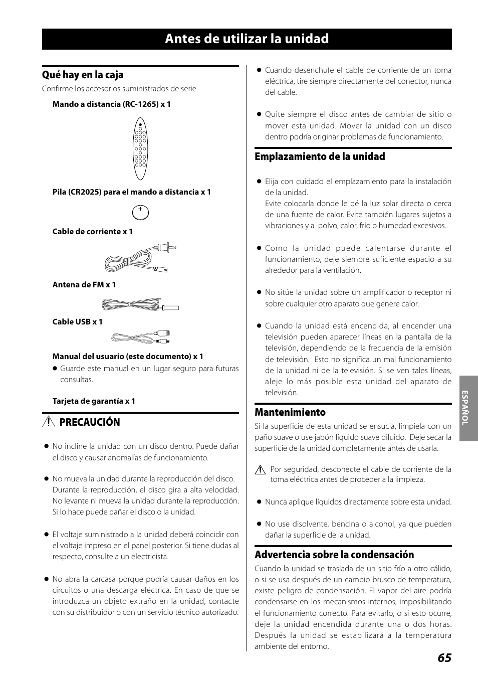 Antes de utilizar la unidad, Qué hay en la caja, Precaución | Emplazamiento de la unidad, Mantenimiento, Advertencia sobre la condensación | Teac SR-100I User Manual | Page 65 / 96