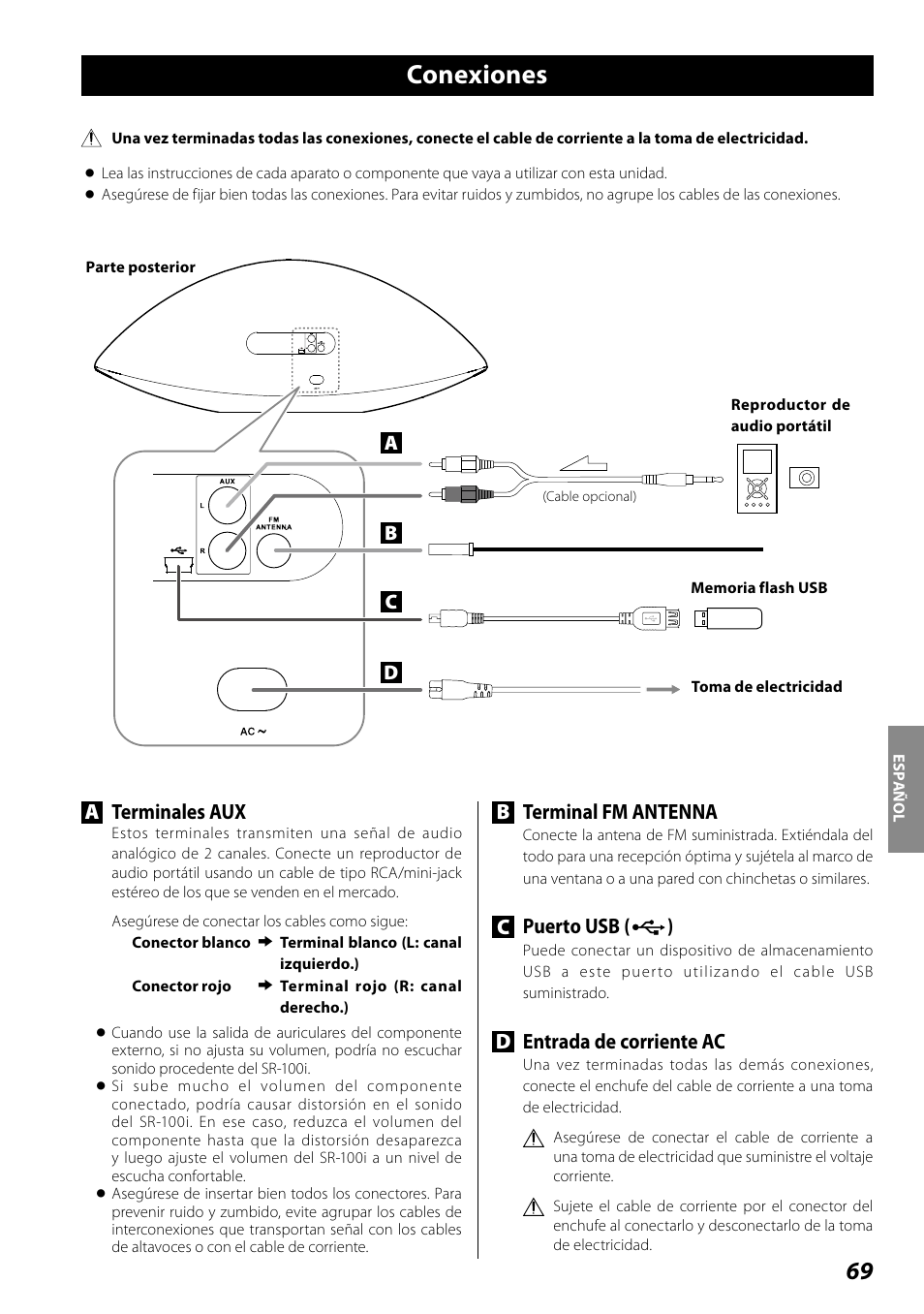 Conexiones, Terminales aux, Bterminal fm antenna | Cpuerto usb ( ), Dentrada de corriente ac | Teac SR-100I User Manual | Page 69 / 96