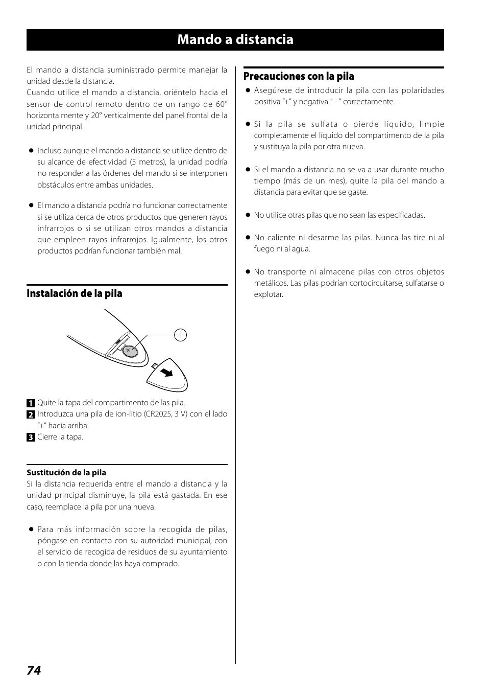 Mando a distancia, Instalación de la pila, Precauciones con la pila | Teac SR-100I User Manual | Page 74 / 96