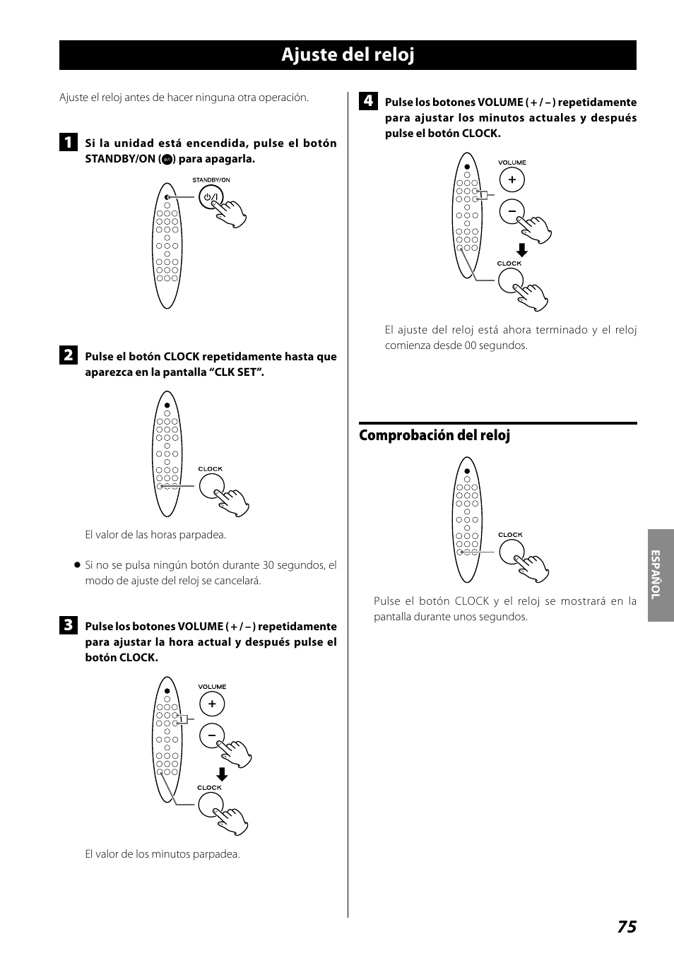 Ajuste del reloj, Comprobación del reloj | Teac SR-100I User Manual | Page 75 / 96