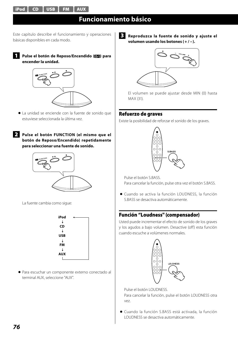 Funcionamiento básico, Refuerzo de graves, Función “loudness" (compensador) | Teac SR-100I User Manual | Page 76 / 96