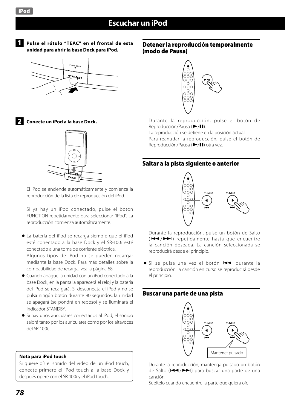 Escuchar un ipod, Saltar a la pista siguiente o anterior, Buscar una parte de una pista | Teac SR-100I User Manual | Page 78 / 96