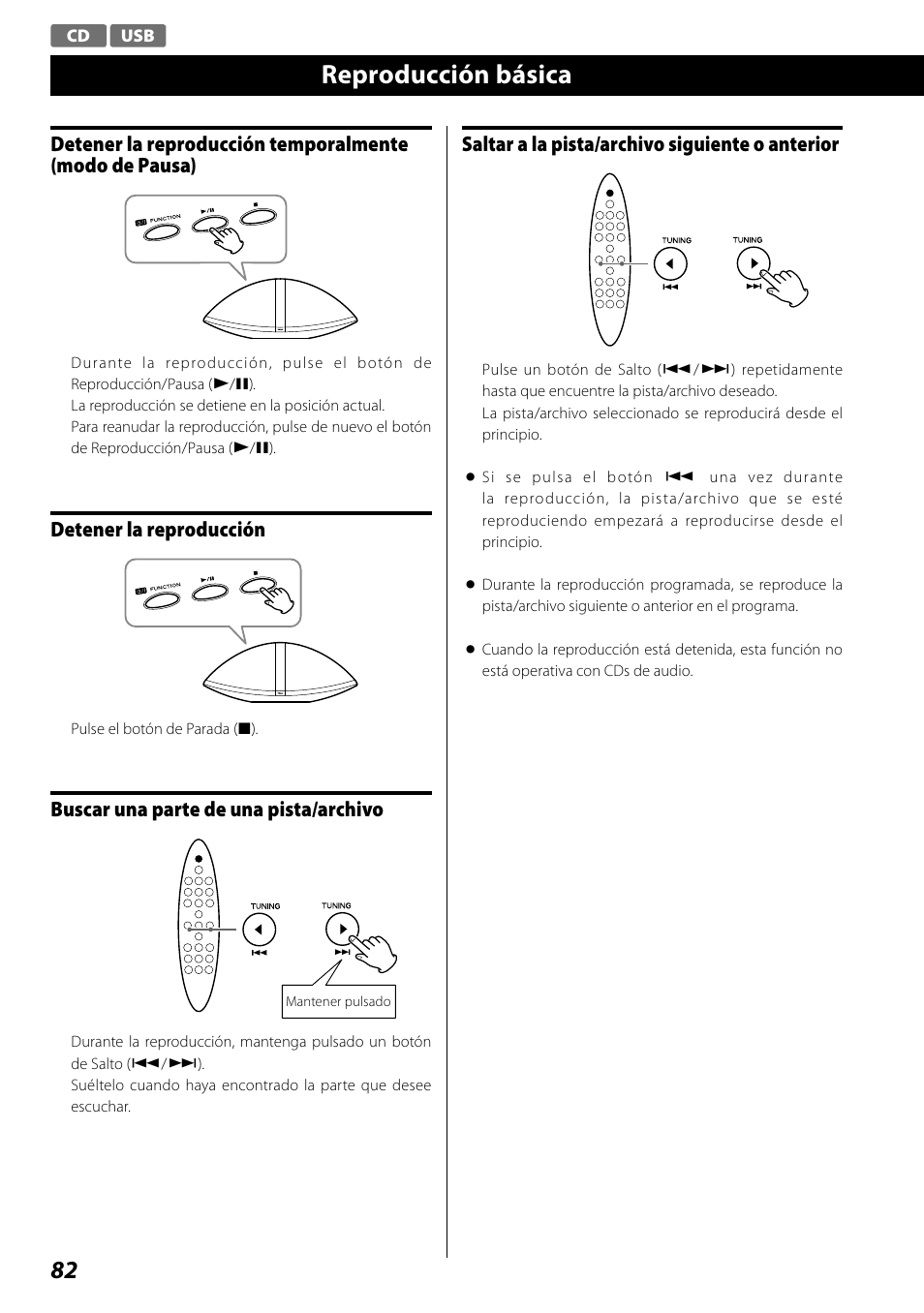 Reproducción básica, Detener la reproducción, Buscar una parte de una pista/archivo | Saltar a la pista/archivo siguiente o anterior | Teac SR-100I User Manual | Page 82 / 96