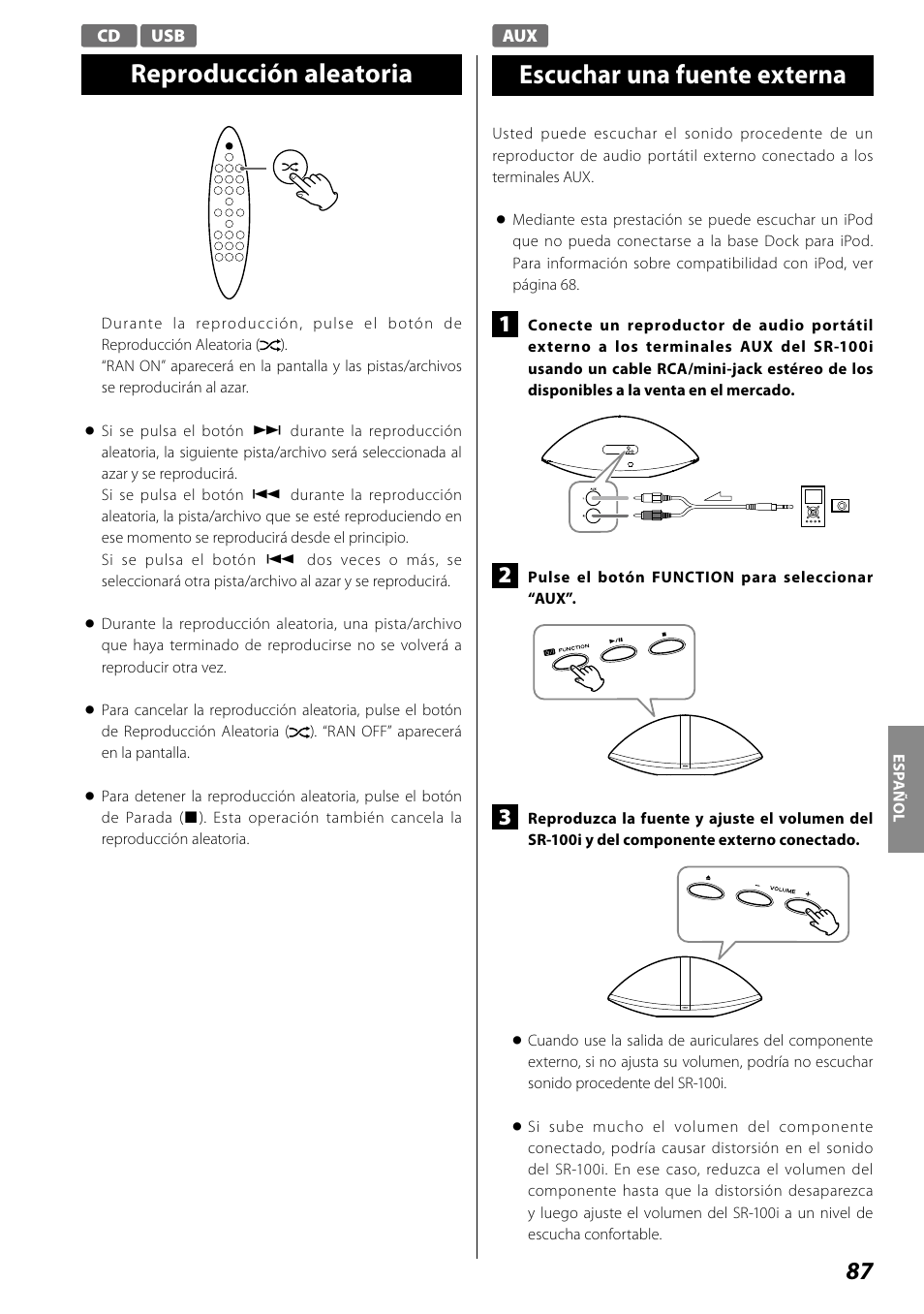 Reproducción aleatoria, Escuchar una fuente externa | Teac SR-100I User Manual | Page 87 / 96