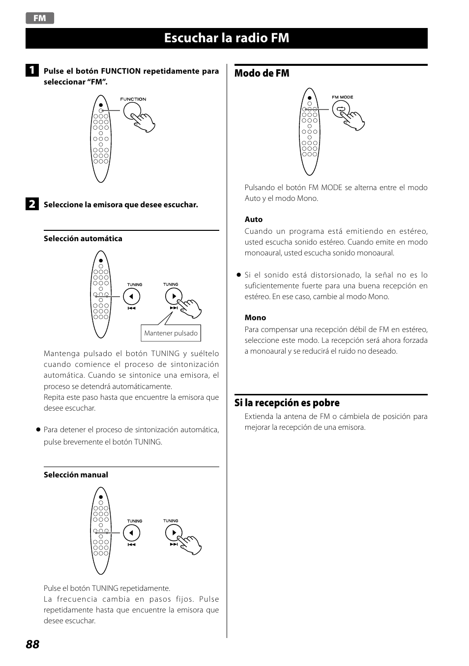 Escuchar la radio fm, Modo de fm, Si la recepción es pobre | Teac SR-100I User Manual | Page 88 / 96