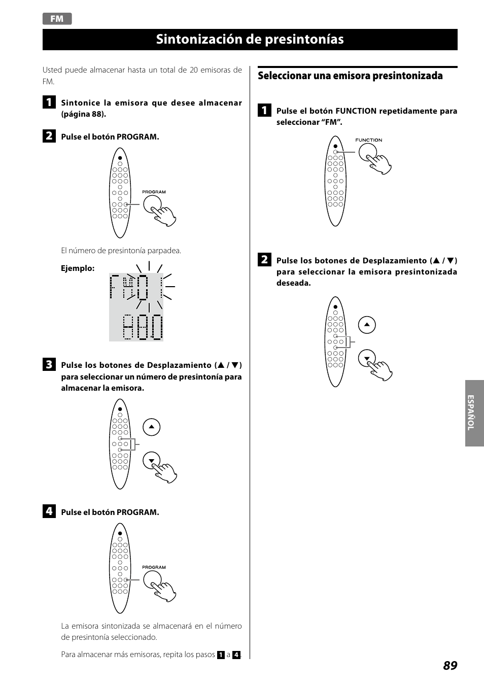 Sintonización de presintonías, Seleccionar una emisora presintonizada | Teac SR-100I User Manual | Page 89 / 96