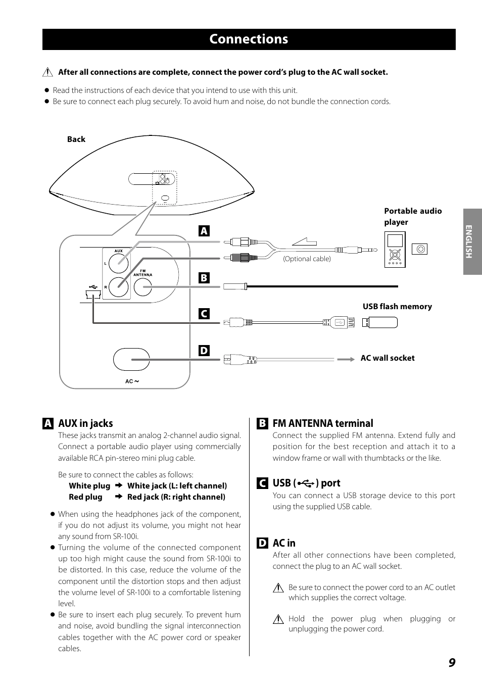 Connections, Aux in jacks, Bfm antenna terminal | Cusb ( ) port, Dac in | Teac SR-100I User Manual | Page 9 / 96