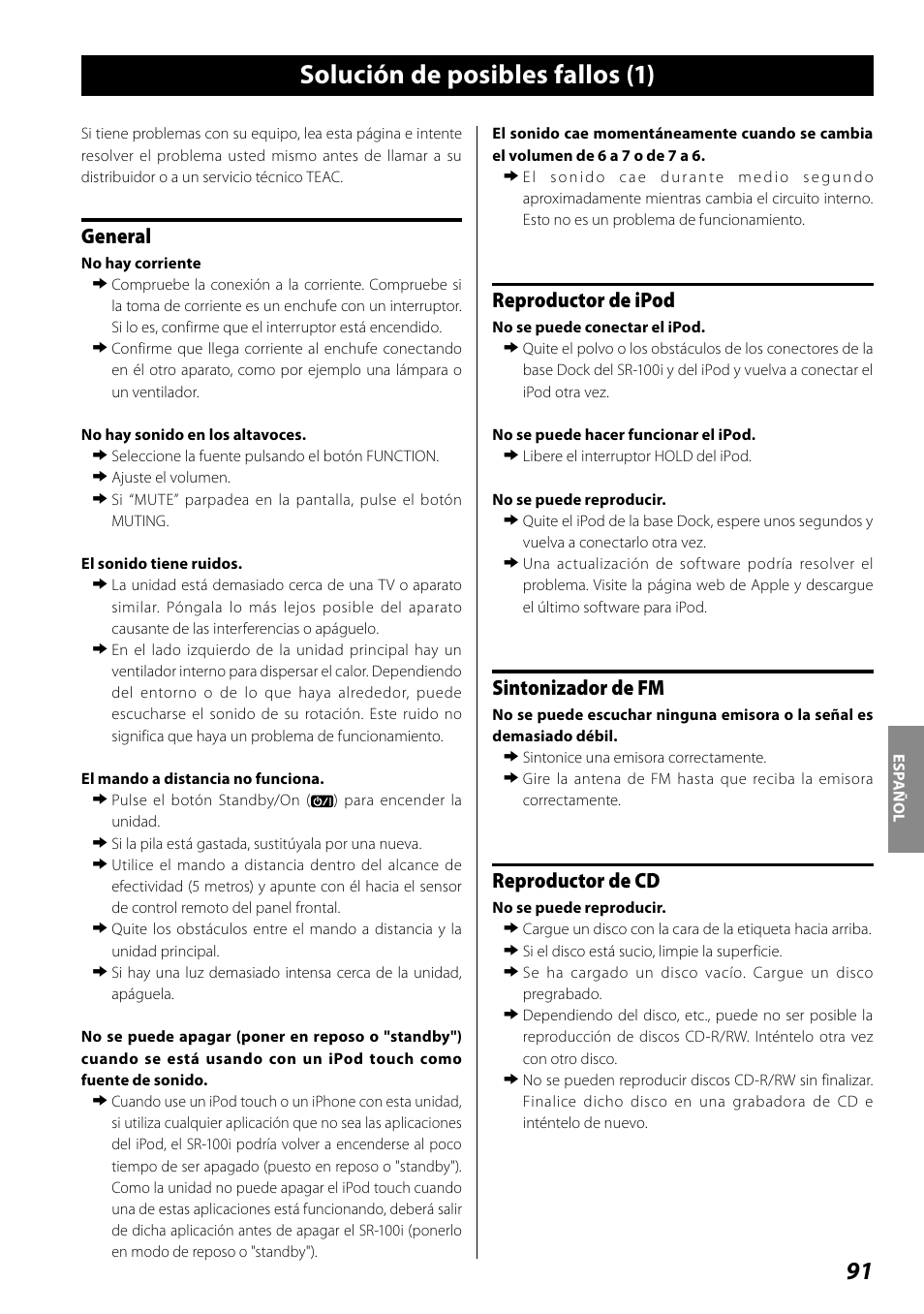 Solución de posibles fallos, Solución de posibles fallos (1), General | Reproductor de ipod, Sintonizador de fm, Reproductor de cd | Teac SR-100I User Manual | Page 91 / 96