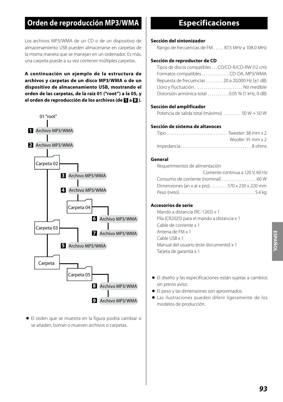 Orden de reproducción mp3/wma, Especificaciones | Teac SR-100I User Manual | Page 93 / 96