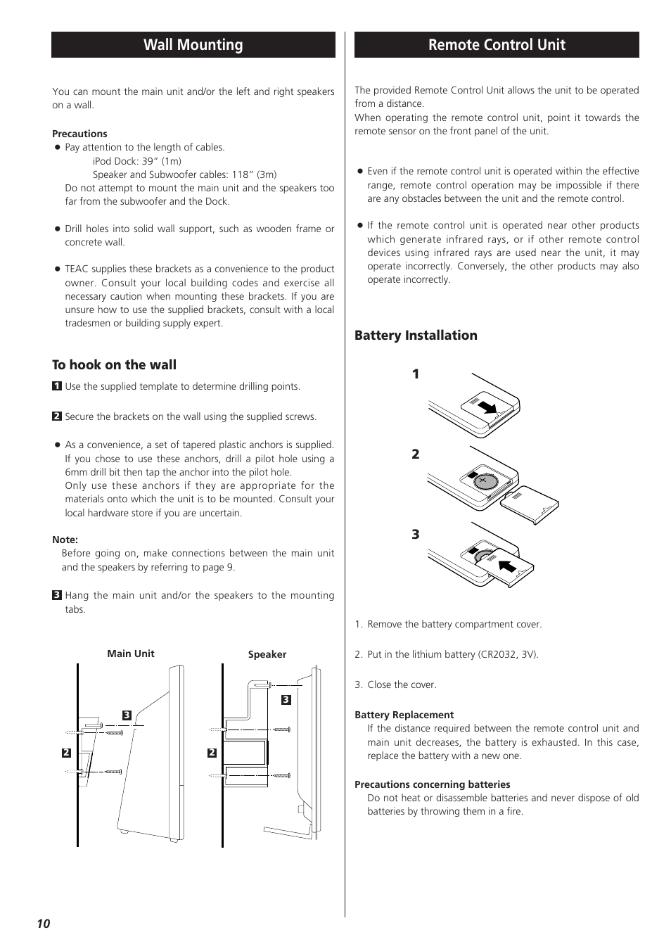 Wall mounting, Remote control unit, Battery installation 1 2 3 | Teac CDX10I User Manual | Page 10 / 28