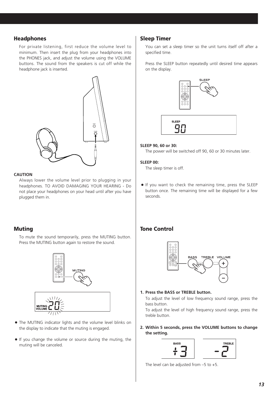 Muting, Headphones, Tone control | Sleep timer | Teac CDX10I User Manual | Page 13 / 28
