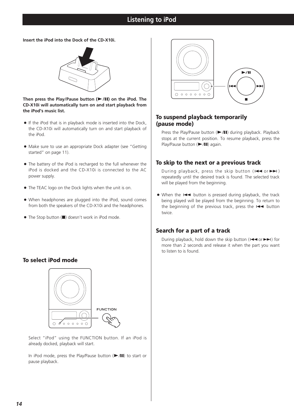 Listening to ipod, Search for a part of a track | Teac CDX10I User Manual | Page 14 / 28