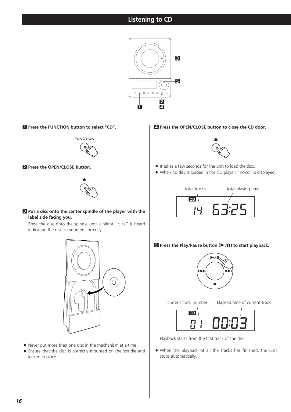 Listening to cd | Teac CDX10I User Manual | Page 16 / 28