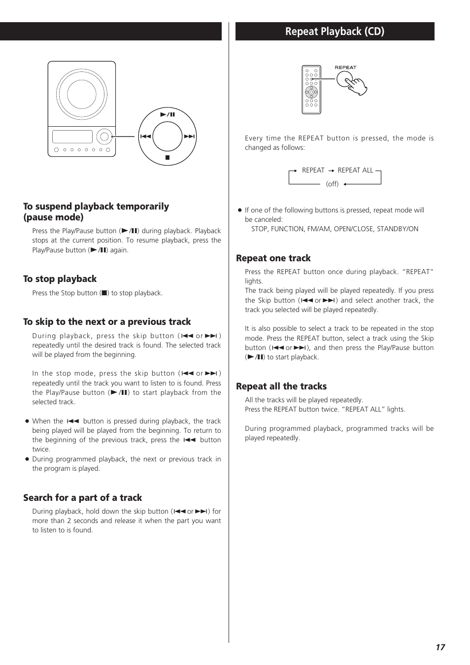 Repeat playback (cd), Search for a part of a track, Repeat one track | Repeat all the tracks | Teac CDX10I User Manual | Page 17 / 28