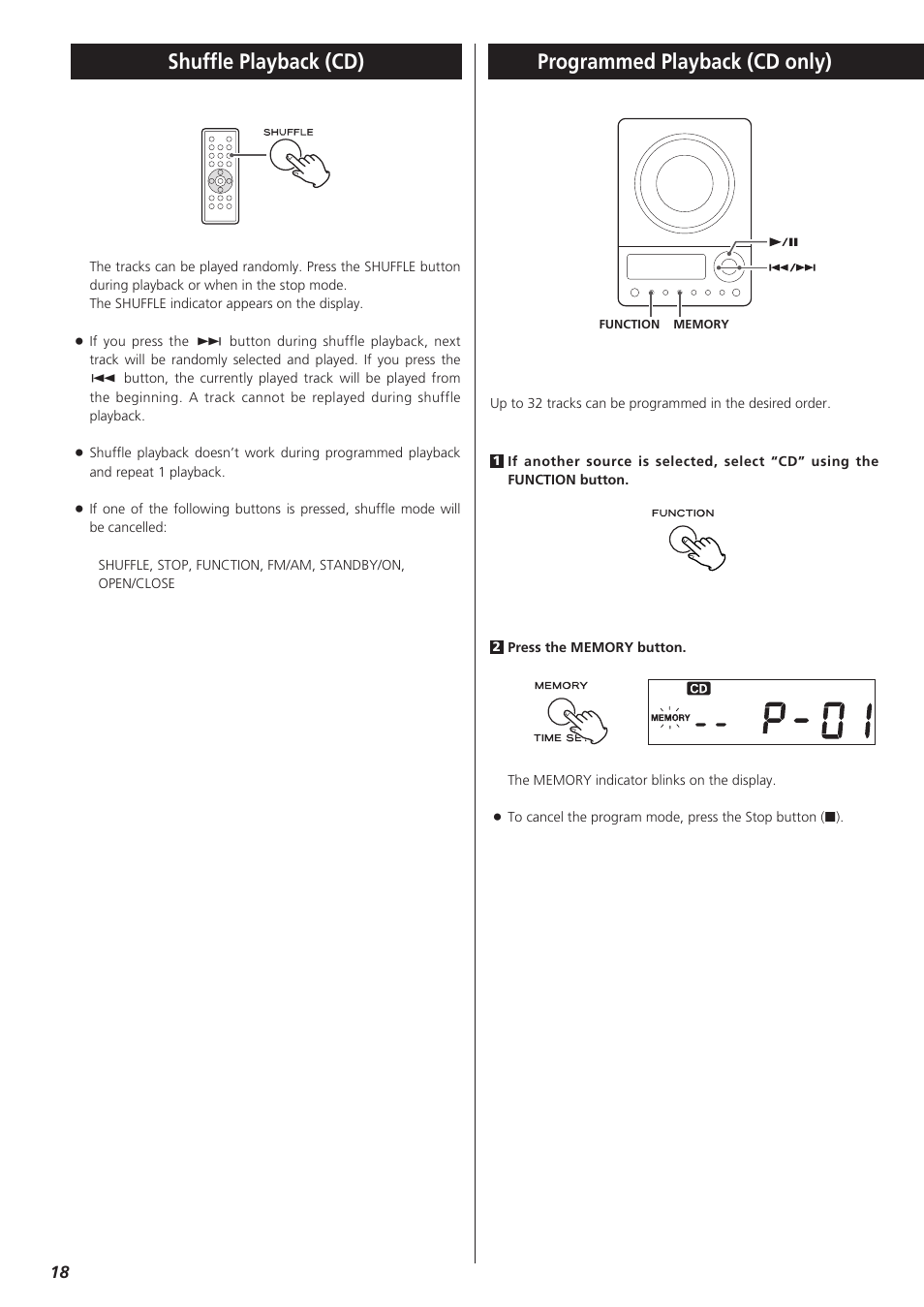 Shuffle playback (cd), Programmed playback (cd only) | Teac CDX10I User Manual | Page 18 / 28