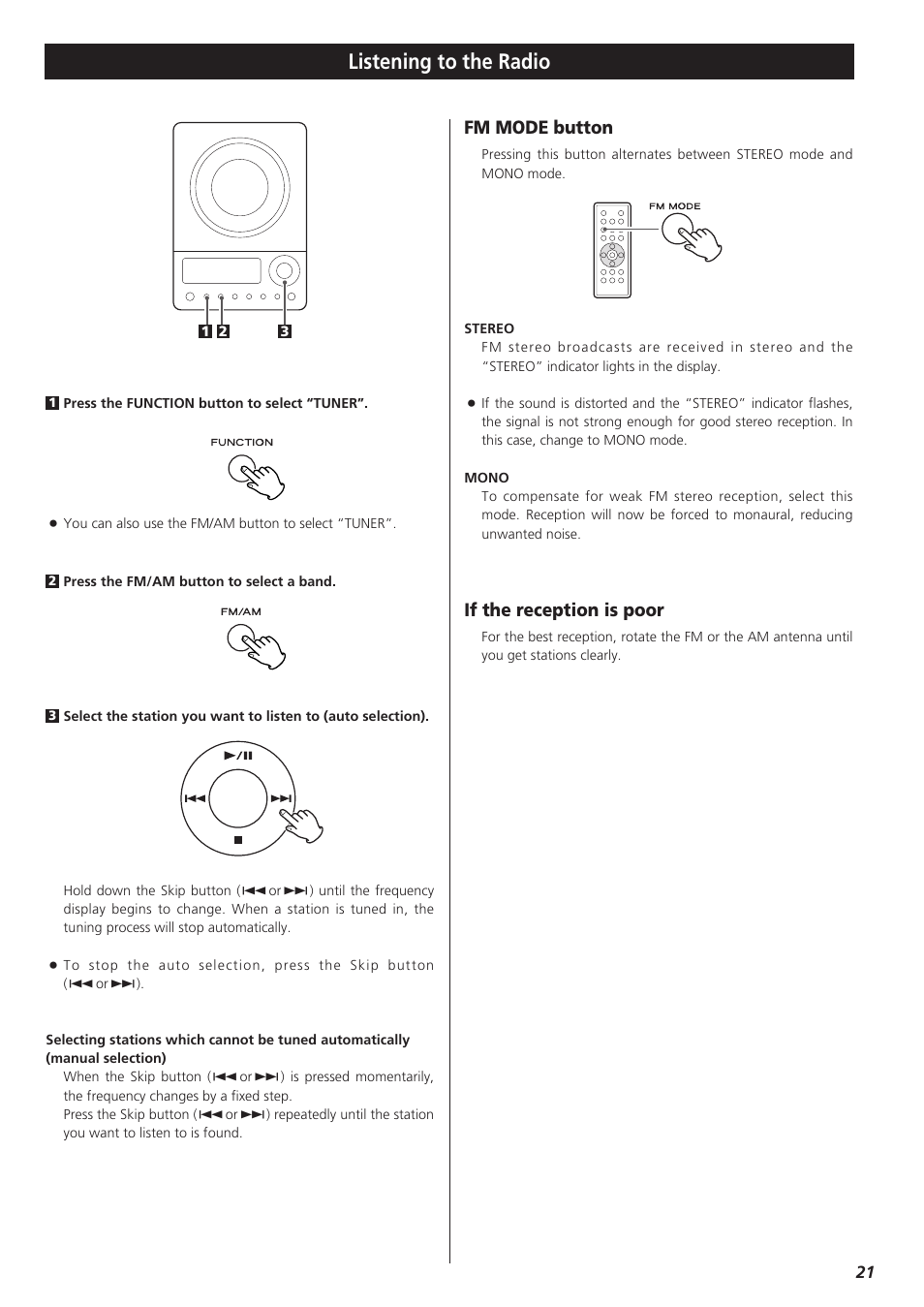 Listening to the radio, Fm mode button, If the reception is poor | Teac CDX10I User Manual | Page 21 / 28