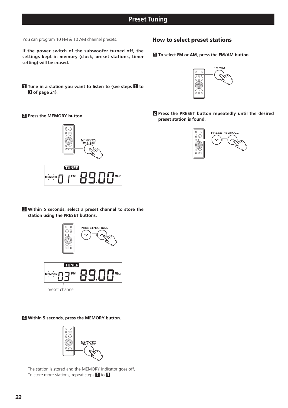 Preset tuning, How to select preset stations | Teac CDX10I User Manual | Page 22 / 28