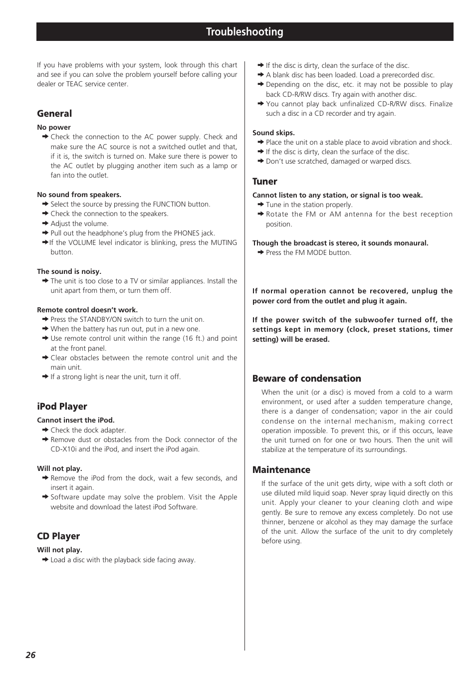 Troubleshooting, General, Ipod player | Cd player, Tuner, Beware of condensation, Maintenance | Teac CDX10I User Manual | Page 26 / 28