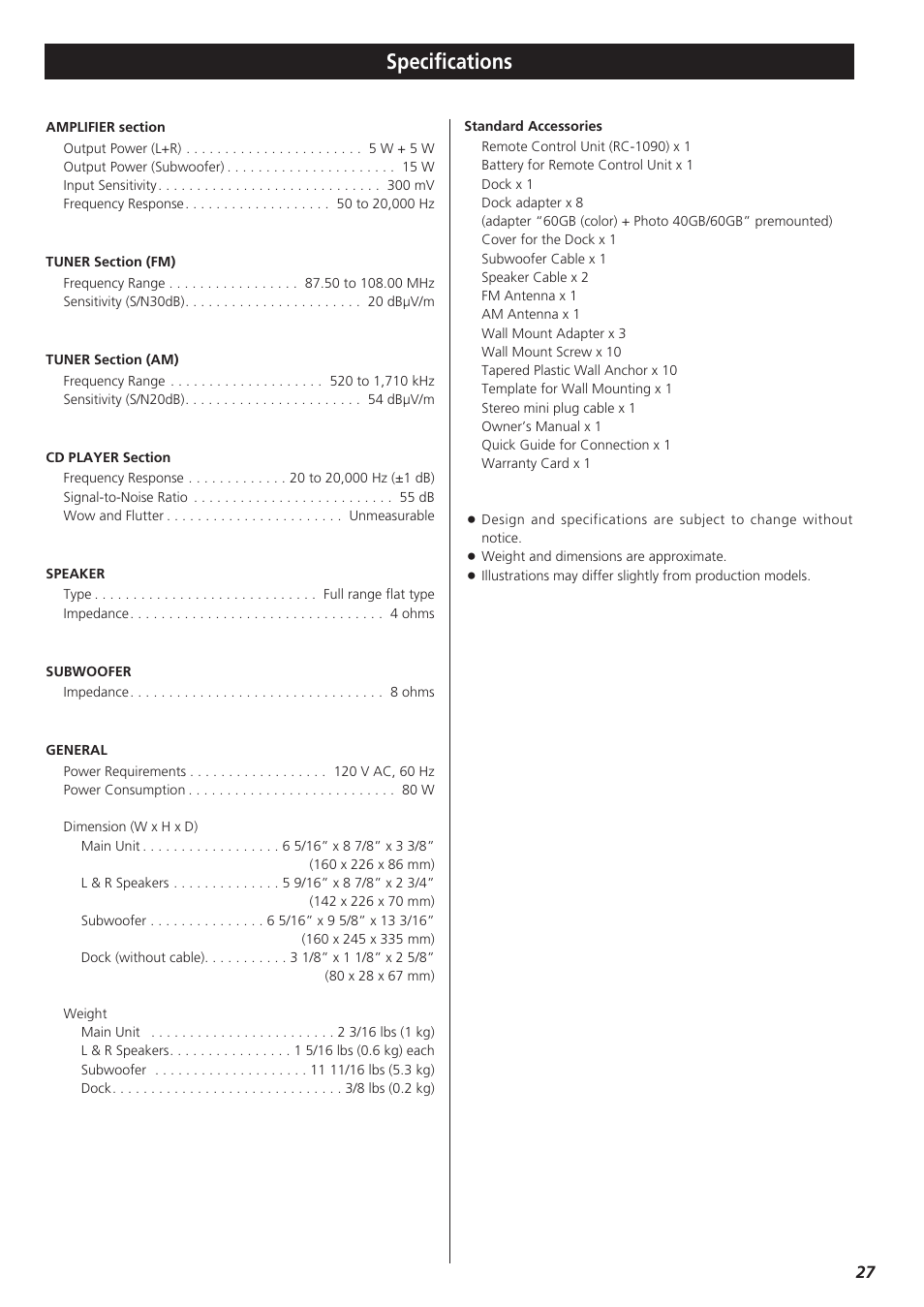 Specifications | Teac CDX10I User Manual | Page 27 / 28