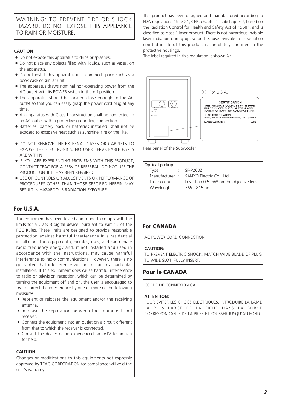 For u.s.a, For canada pour le canada | Teac CDX10I User Manual | Page 3 / 28