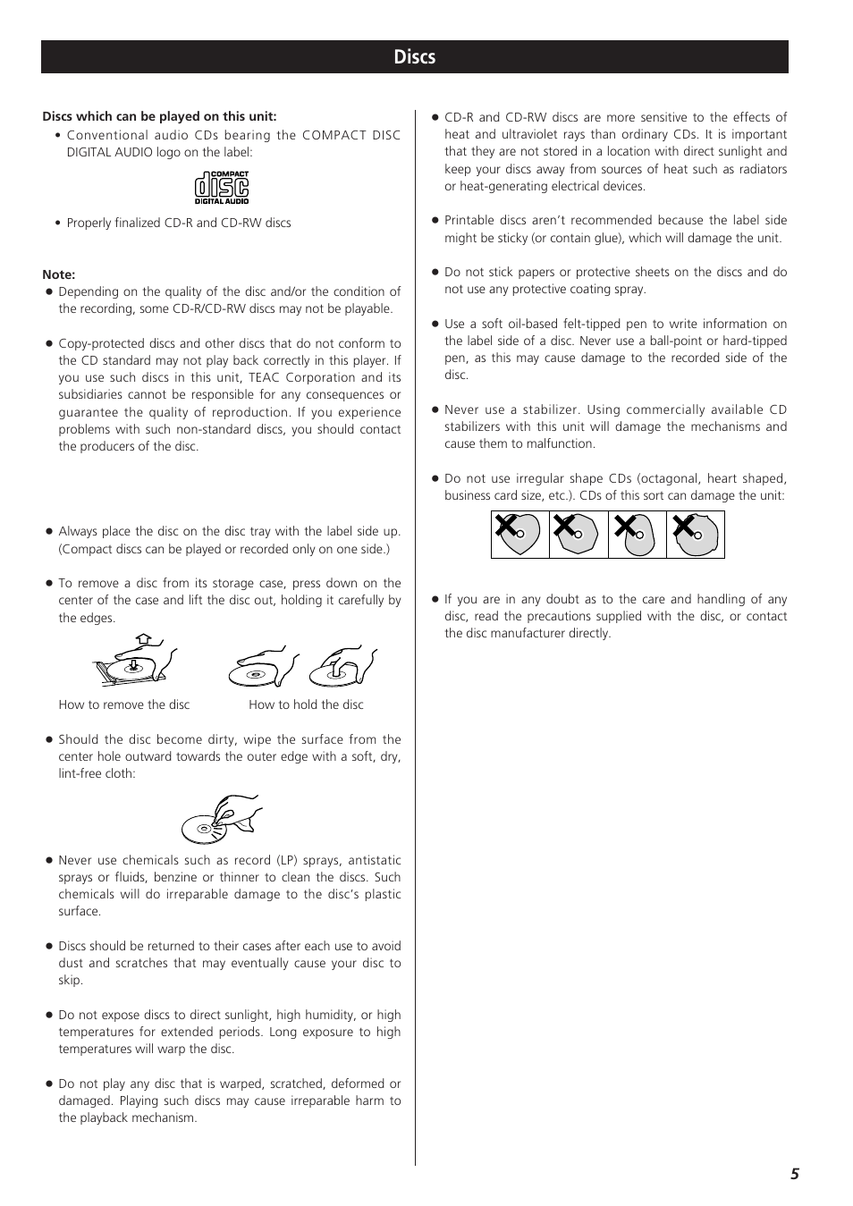 Discs | Teac CDX10I User Manual | Page 5 / 28
