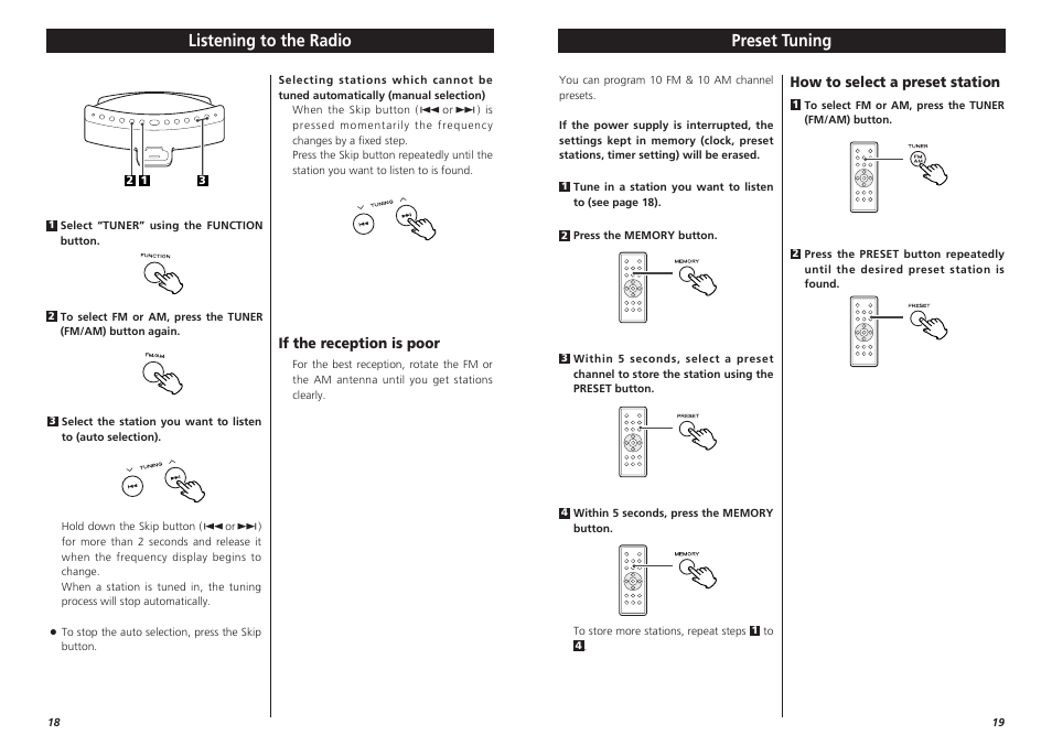 Preset tuning, Listening to the radio | Teac 1006.MA-1087A User Manual | Page 10 / 12