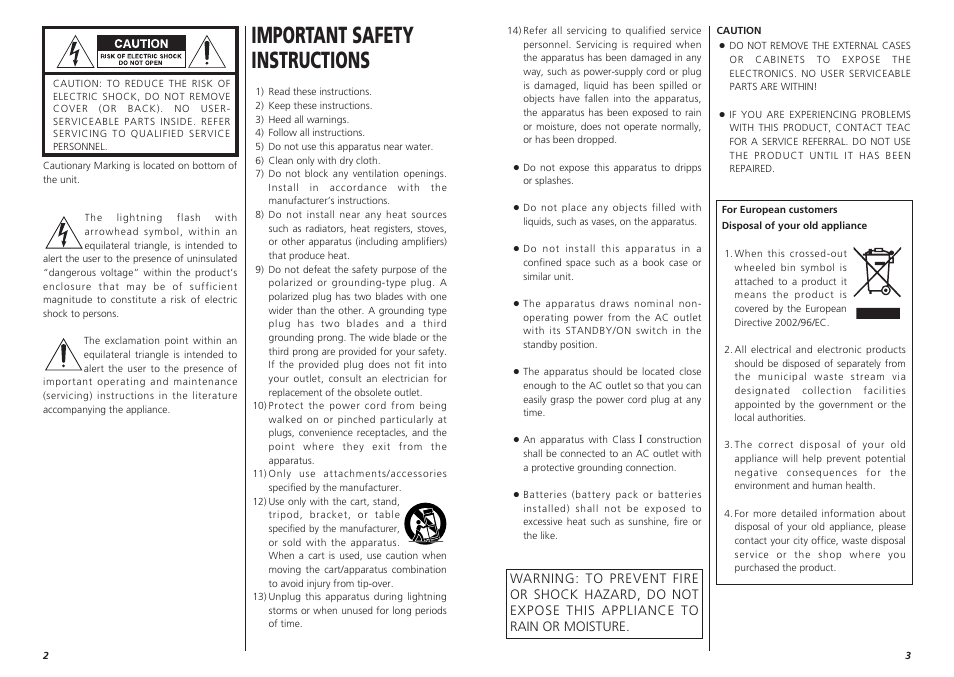 Important safety instructions | Teac 1006.MA-1087A User Manual | Page 2 / 12